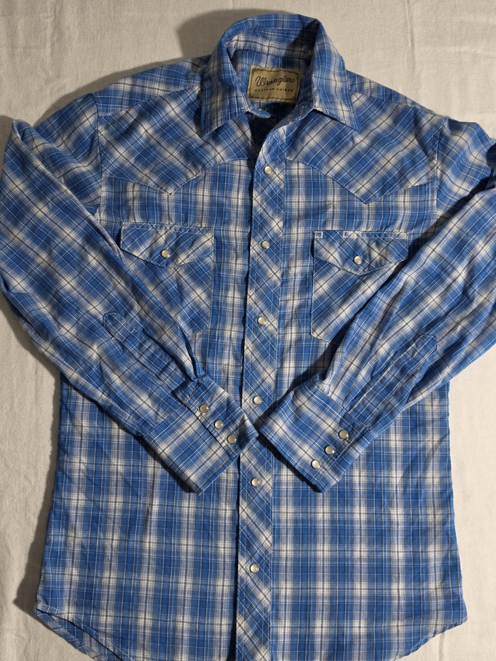 Wrangler Men's Small Blue Plaid Western Long Sleeve Pearl Snap Shirt Yoke Cotton
